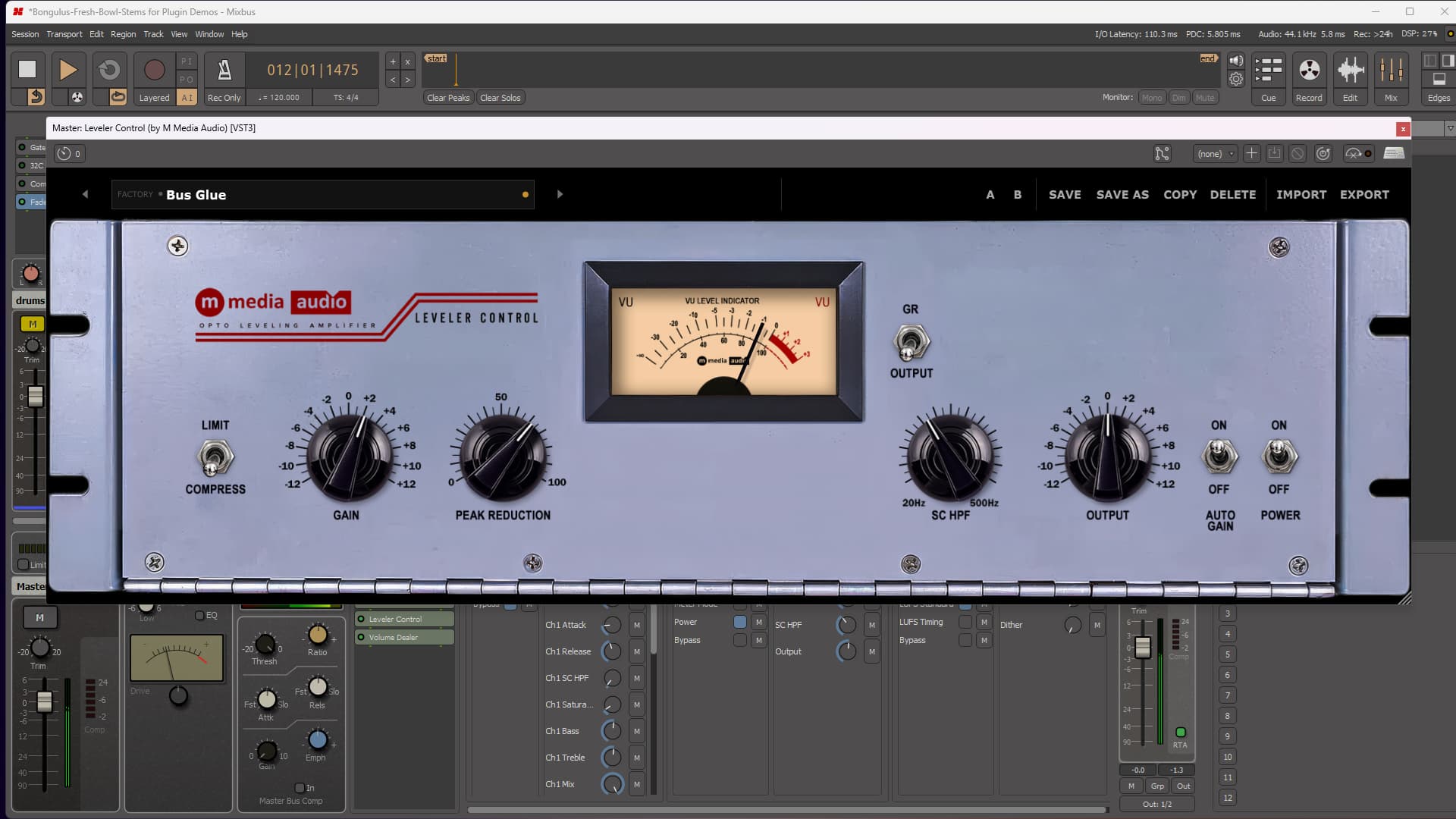 Leveler Control Gain, Peak Reduction, and Compress/Limit controls