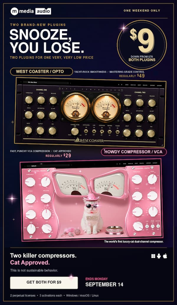 Two brand-new plugins, $9 together this weekend only - West Coaster and Howdy Compressor