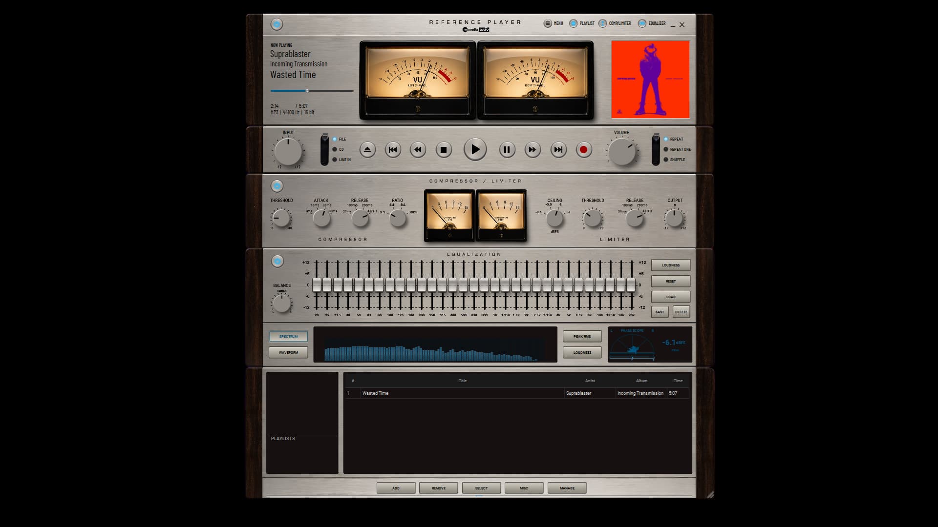Reference Player compressor/limiter and 31-band graphic EQ in the Metal theme