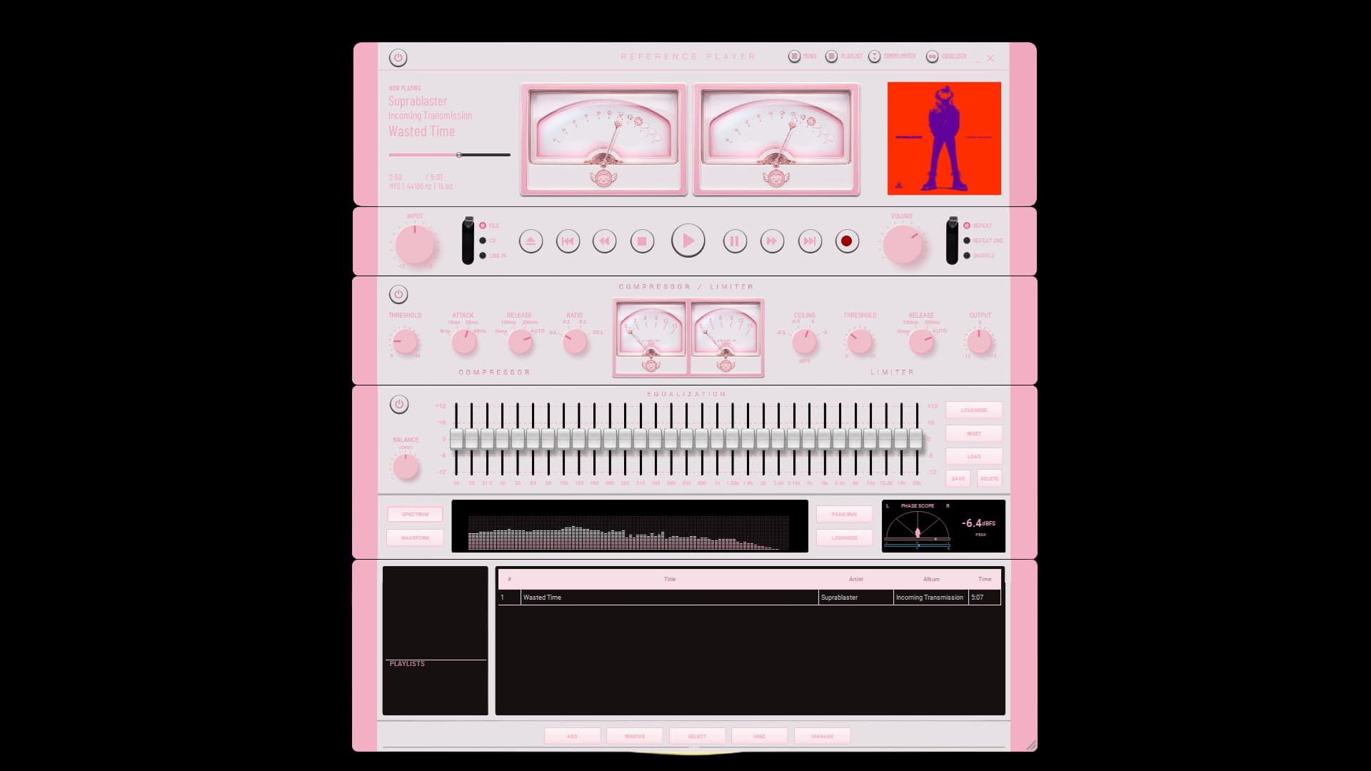 Reference Player library, playlist, and source selector in the Bad Kitty theme