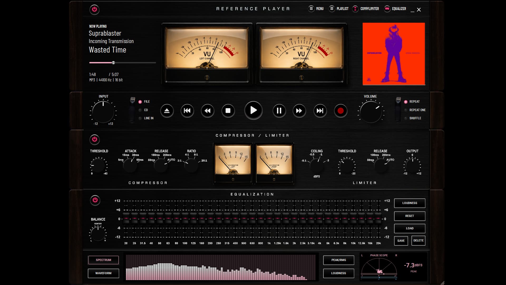 Reference Player in the Howdy Player Pink theme, full width with compressor, limiter, and 31-band EQ visible