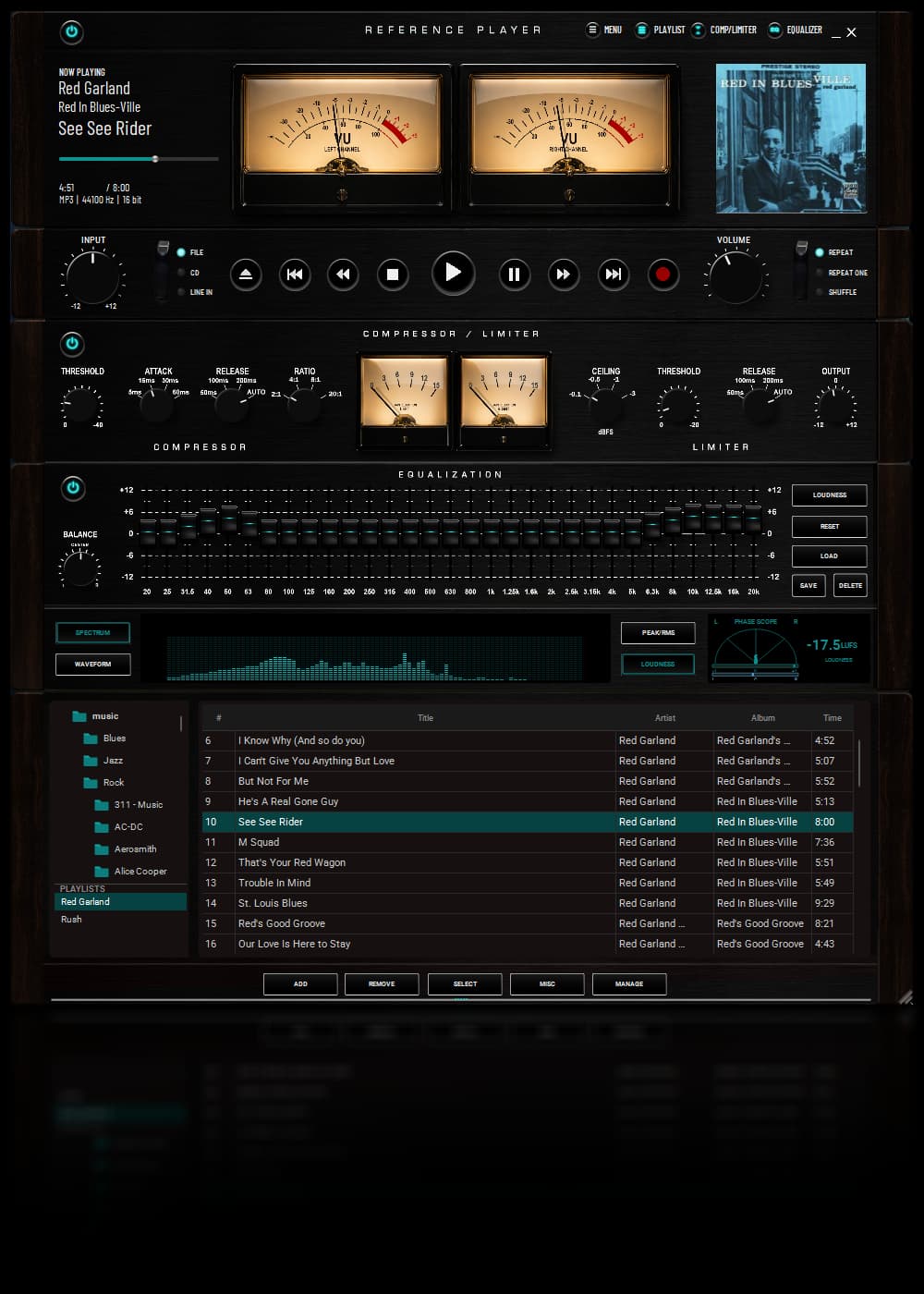 Reference Player - dual VU meters, compressor/limiter, and 31-band EQ