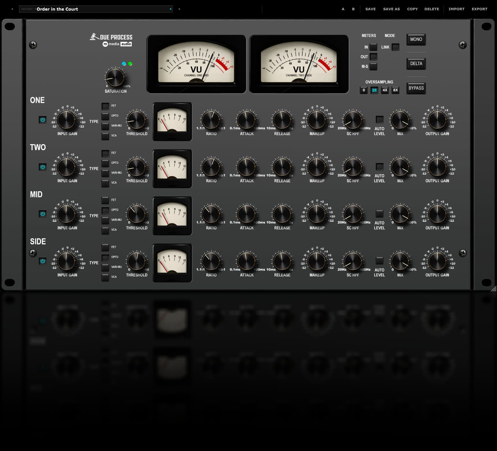 Due Process compressor panel showing Type, Threshold, Ratio, Attack, Release, Makeup, Mix and Output on all four rows