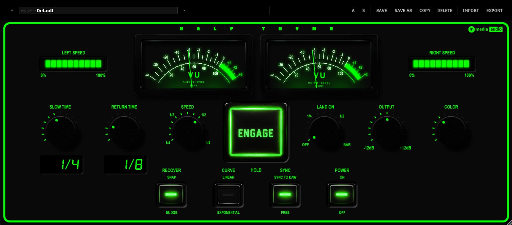 Half Thyme VST3 slow down effect with an Engage button, Speed, Slow Time, Return Time and Land On knobs, a stereo VU and two speed meters