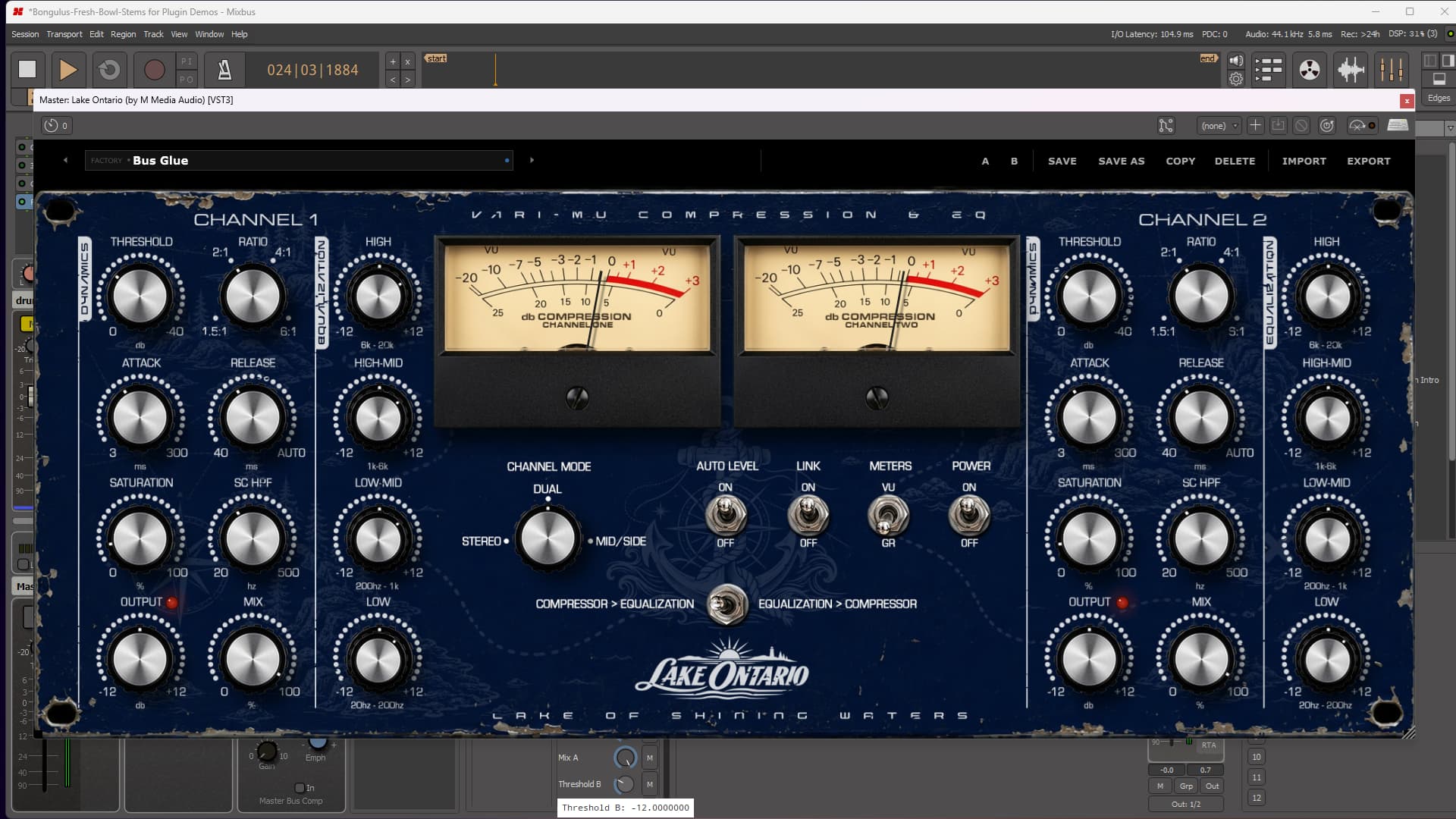 Lake Ontario Bus Glue preset, Vari-Mu compression controls