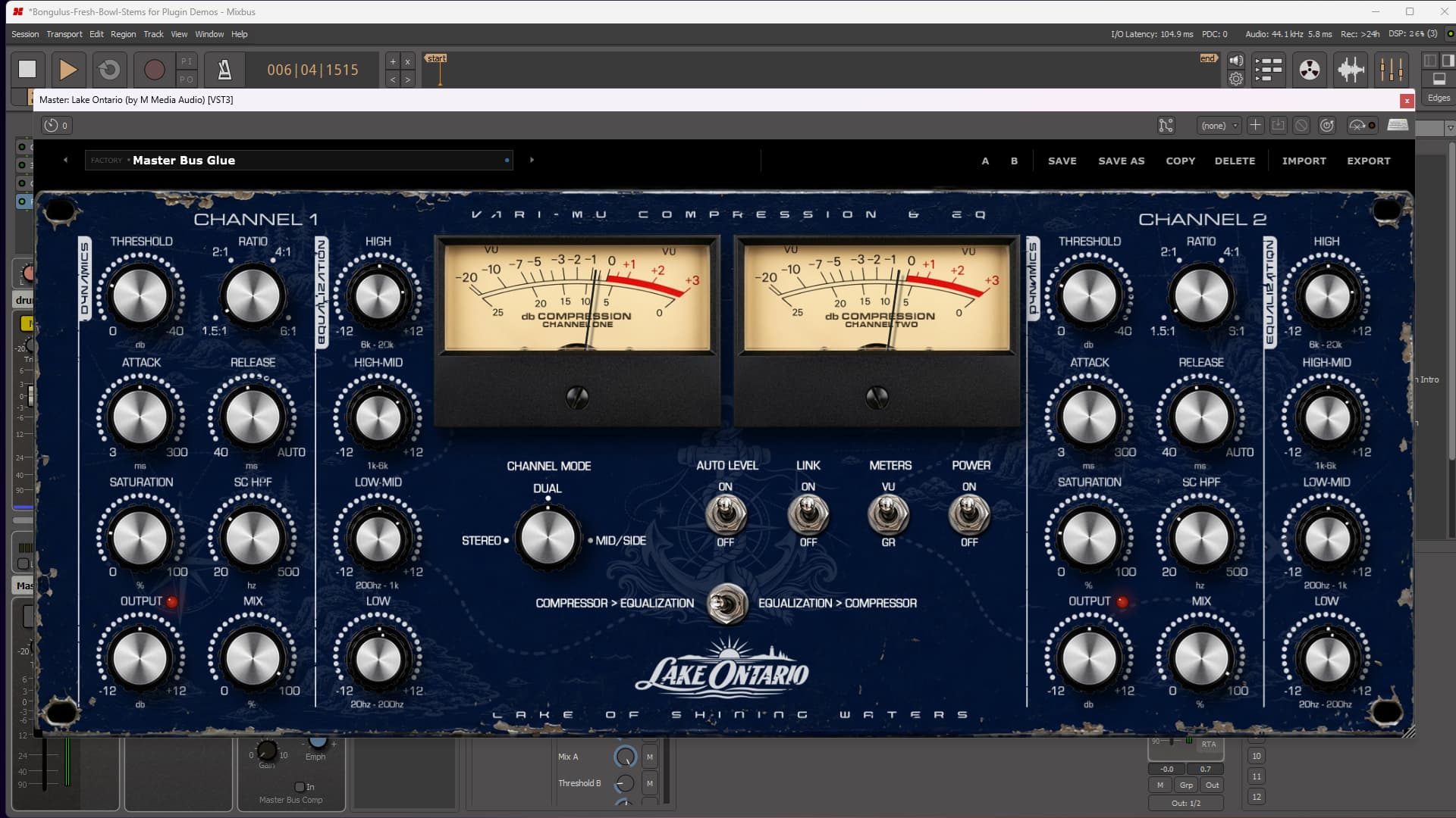 Lake Ontario Master Bus Glue preset, EQ Order and Auto Level switches