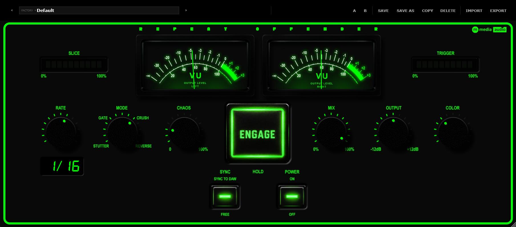 Repeat Offender VST3 glitch effect with an Engage button, Rate, Mode and Chaos knobs, a Slice and a Trigger meter and a stereo VU