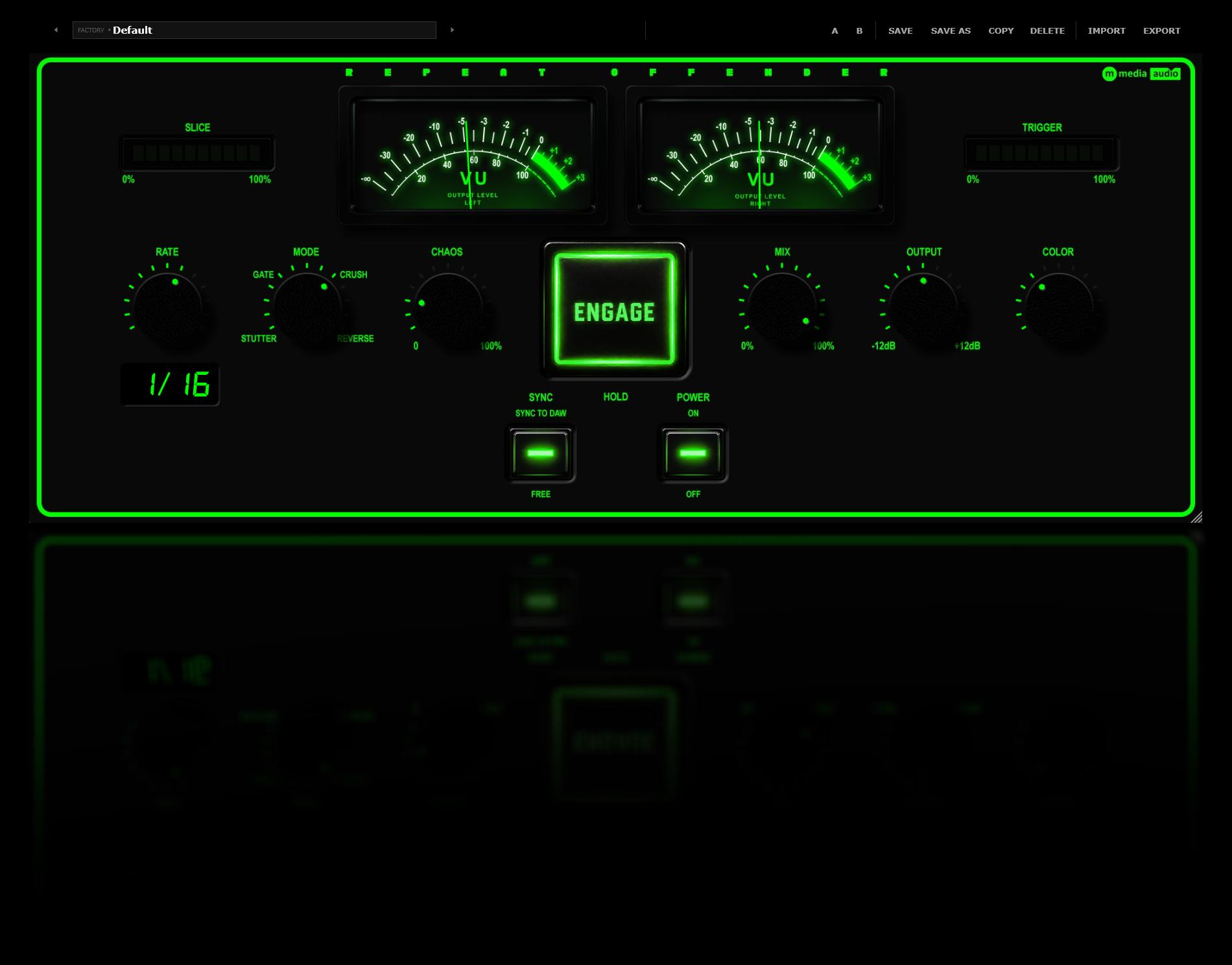 Repeat Offender faceplate showing the Rate, Mode, Chaos, Mix and Output controls