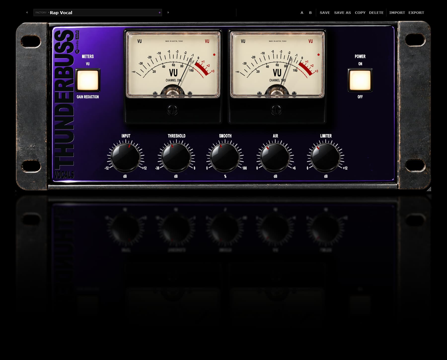Thunderbuss Vocals VU meters and Meter switch