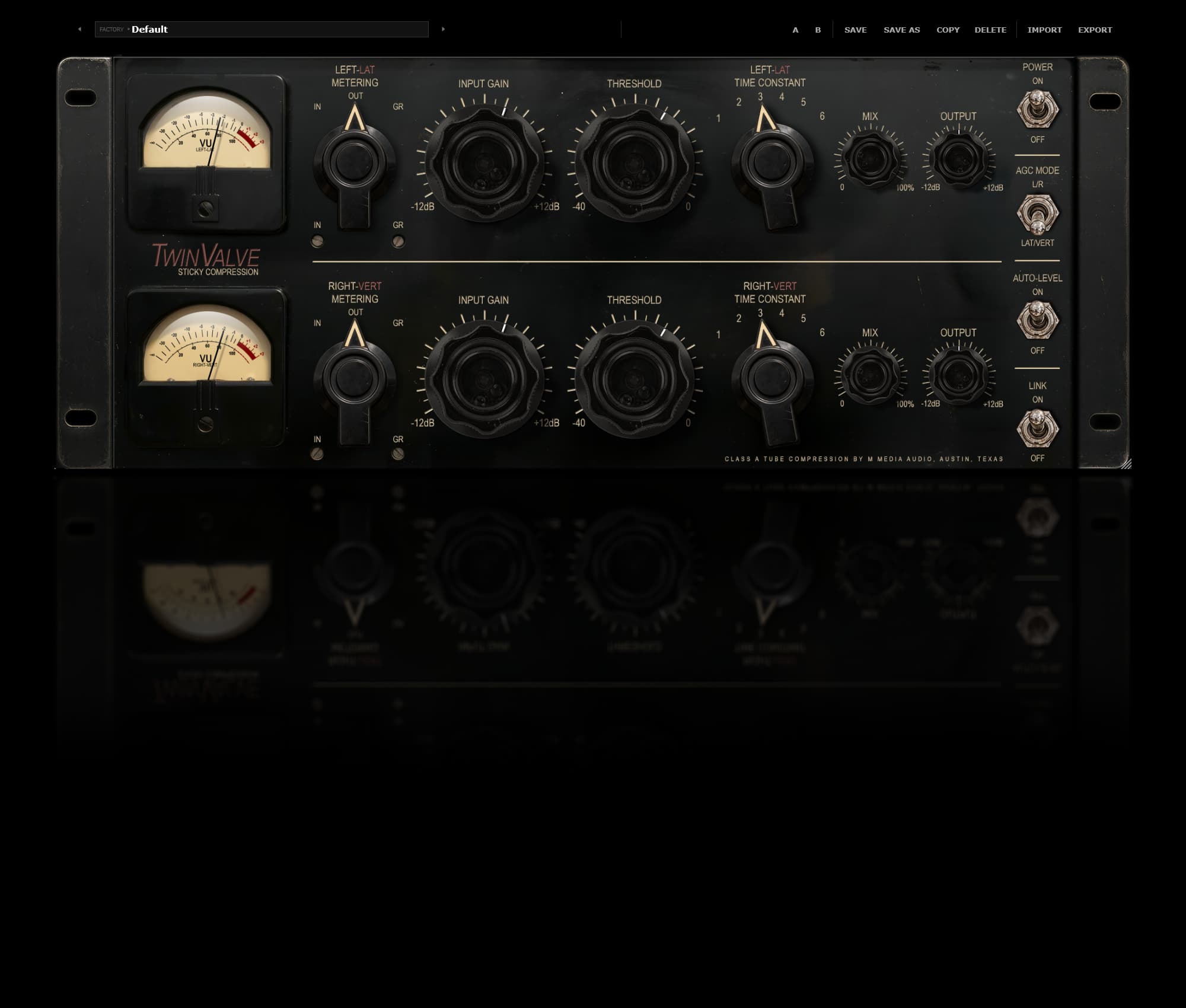 Twin Valve compressor interface showing timing, Mix, Output and stereo processing controls